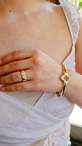 Gold Mother of Pearl Flower Clover Bangle - view 9