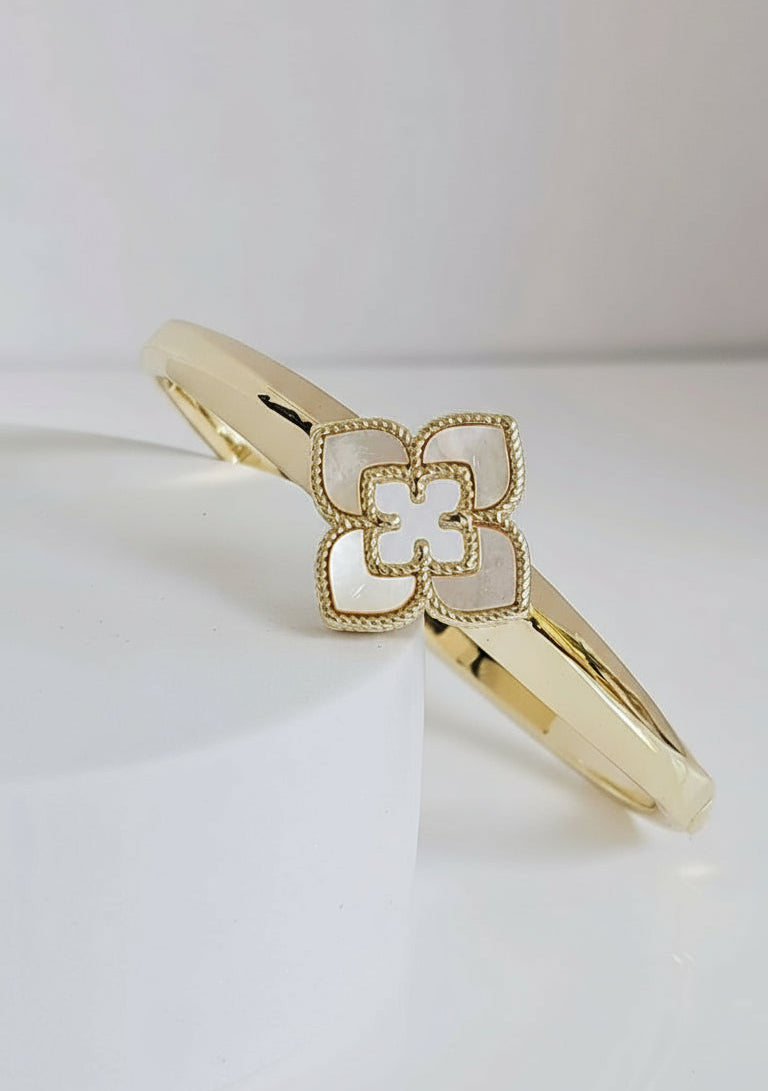 Gold Mother of Pearl Flower Clover Bangle - view 3