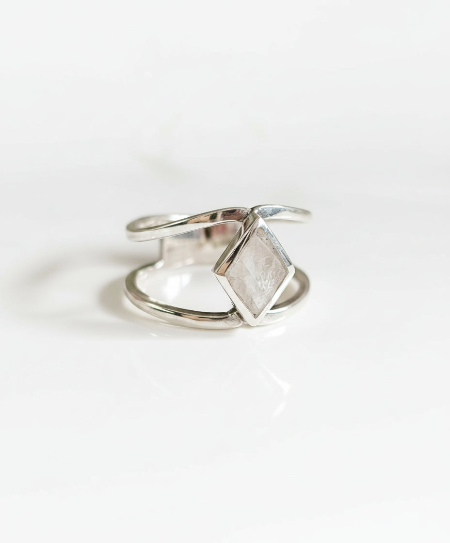 Sterling Silver 925 Moonstone Rainbow Double Band Ring
