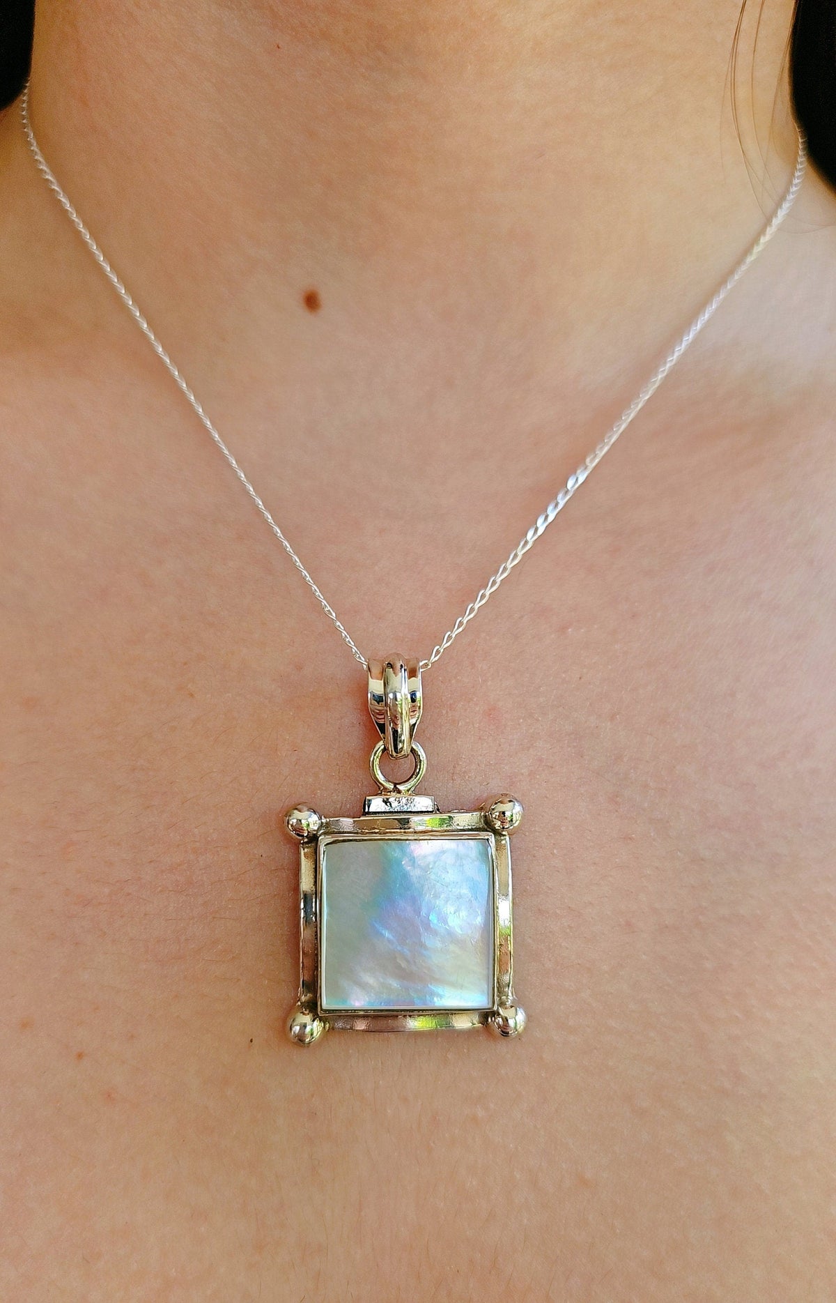 Sterling Silver Natural Mother of Pearl Pendant Necklace - view 8