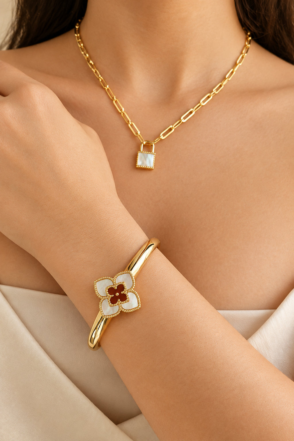 Gold Mother of Pearl Flower Clover Bangle