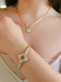 Gold Mother of Pearl Flower Clover Bangle - view 5