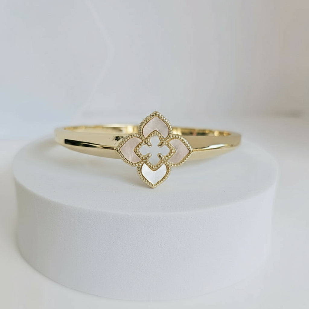Gold Mother of Pearl Flower Clover Bangle - view 4