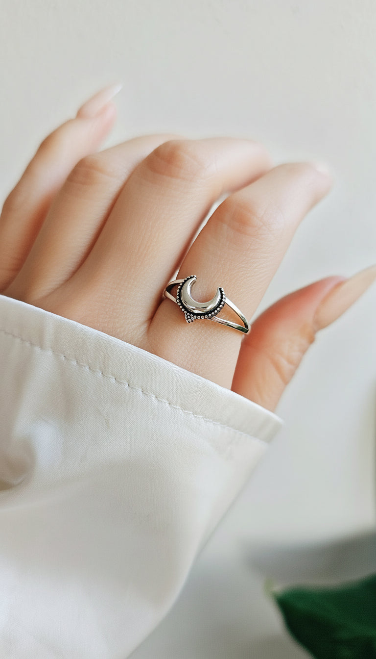 Sterling Silver Crescent Bali Beaded Moon Ring - view 4
