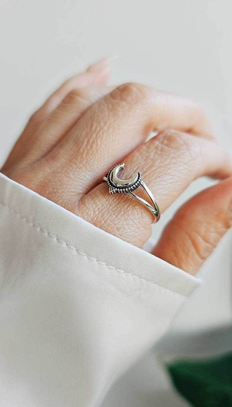 Sterling Silver Crescent Bali Beaded Moon Ring - view 6