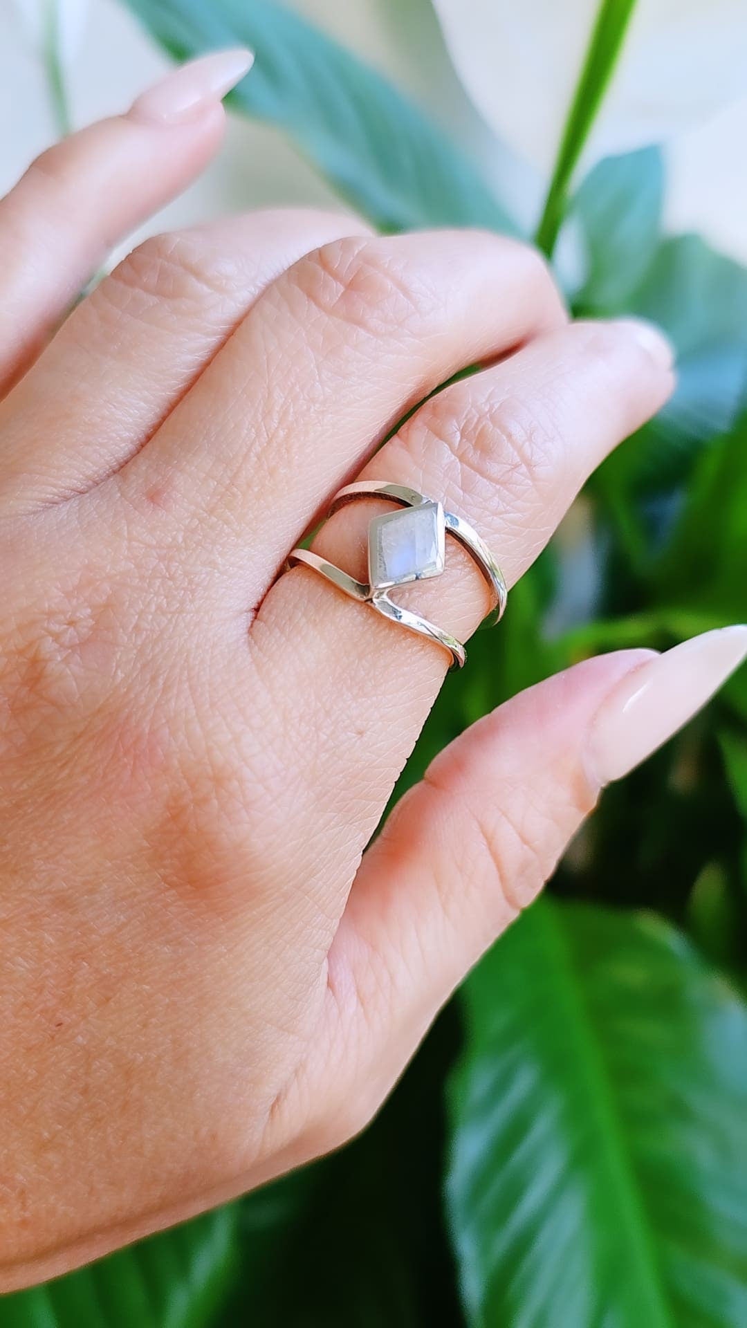 Sterling Silver 925 Moonstone Rainbow Double Band Ring - view 5