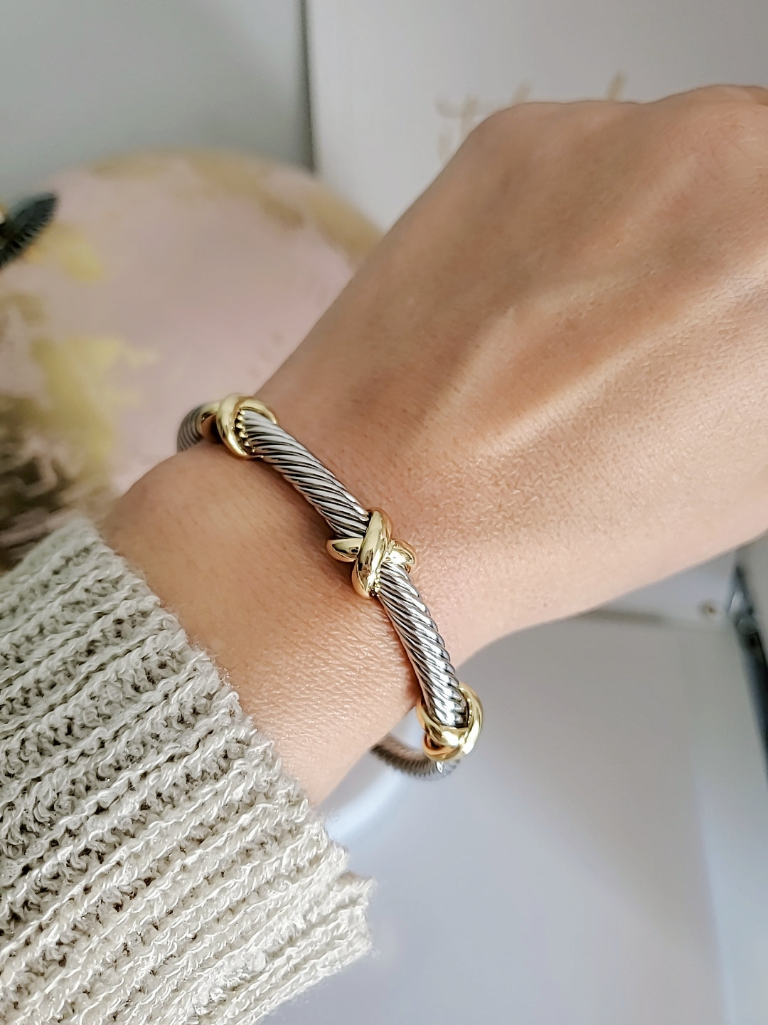 Silver Cross Cable Bangle Bracelet - view 6