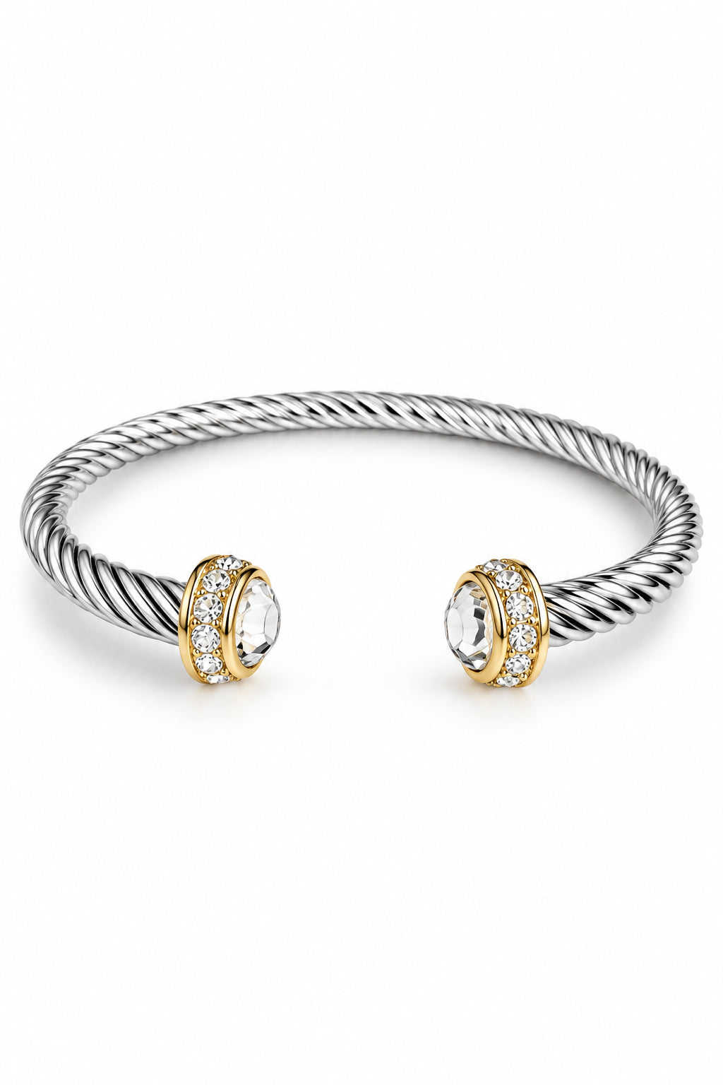 Dome Silver Cable Bangle with Simulated Diamonds