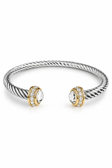 Dome Silver Cable Bangle with Simulated Diamonds