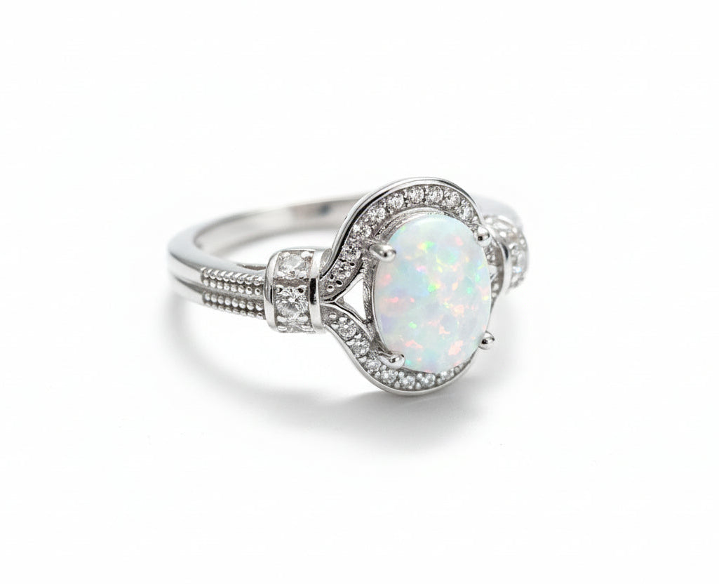 Sterling Silver 925 Halo White Opal Ring