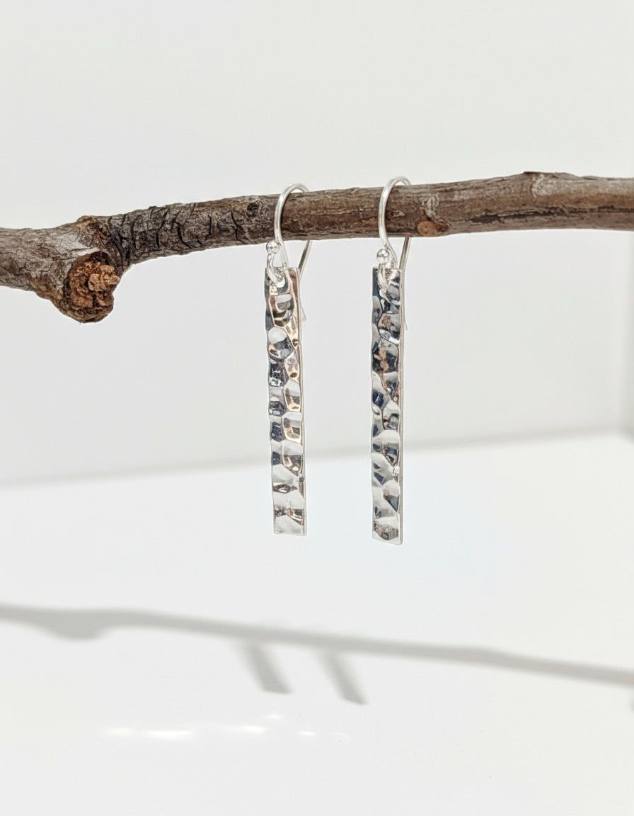 Sterling Silver 925 Lite Hammered Drop Bar Earrings
