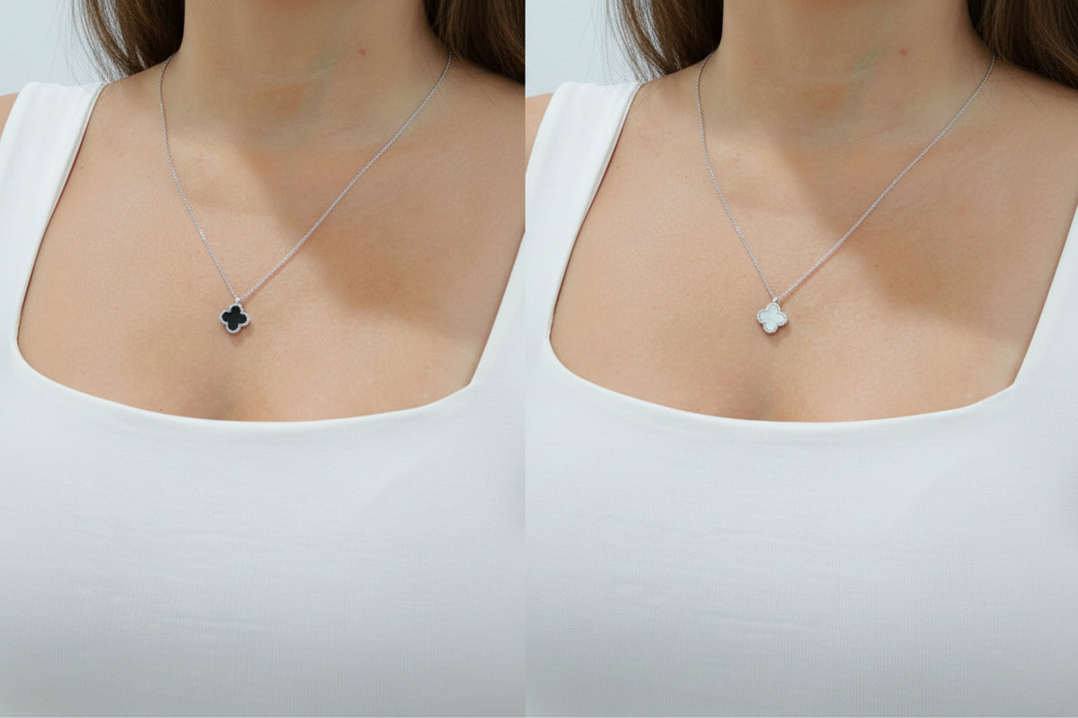 Silver Mother of Pearl, Black Clover Necklace - view 4