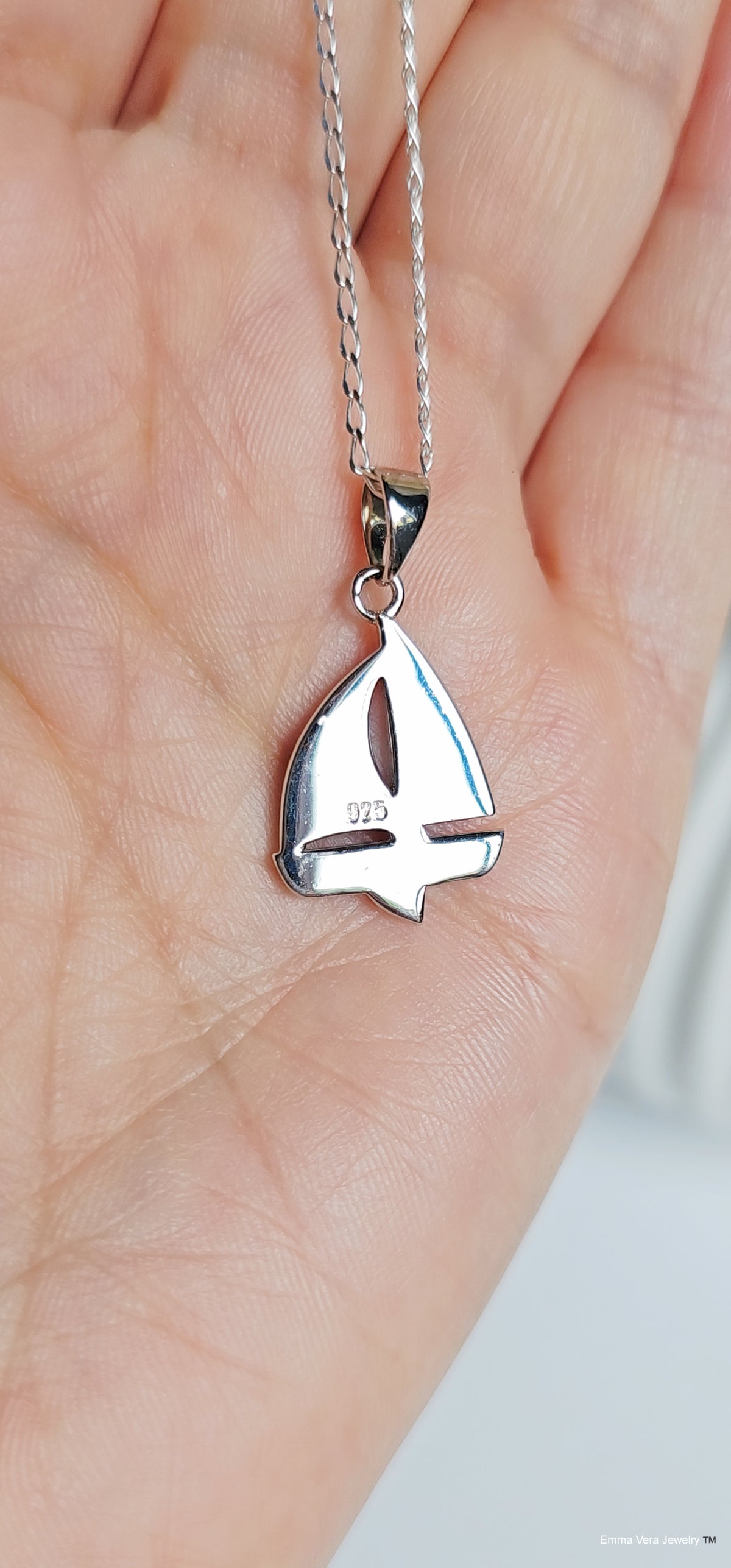 Sterling Silver Sailboat Blue Lab Opal Necklace - view 4
