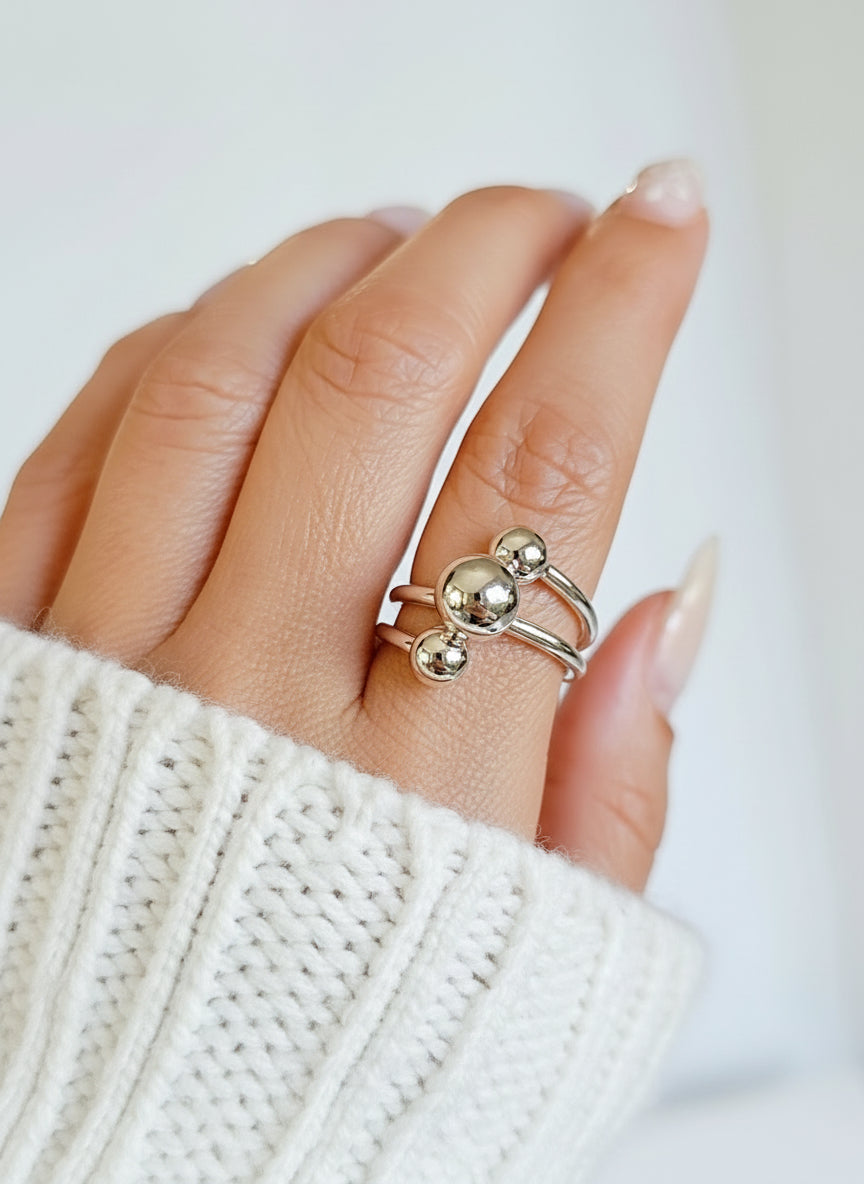 Sterling Silver Multi Row Sphere Ring - view 2