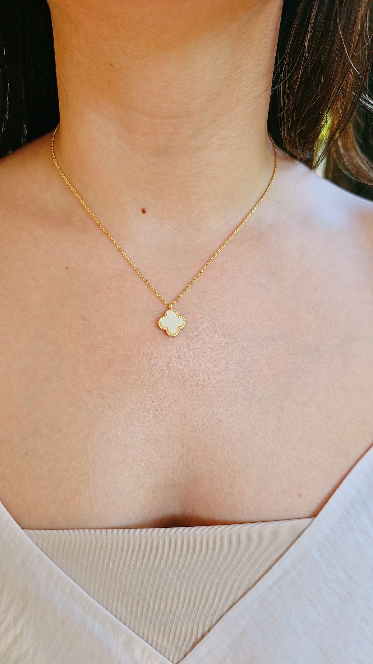 Gold Mother of Pearl, Black Clover Necklace - view 4