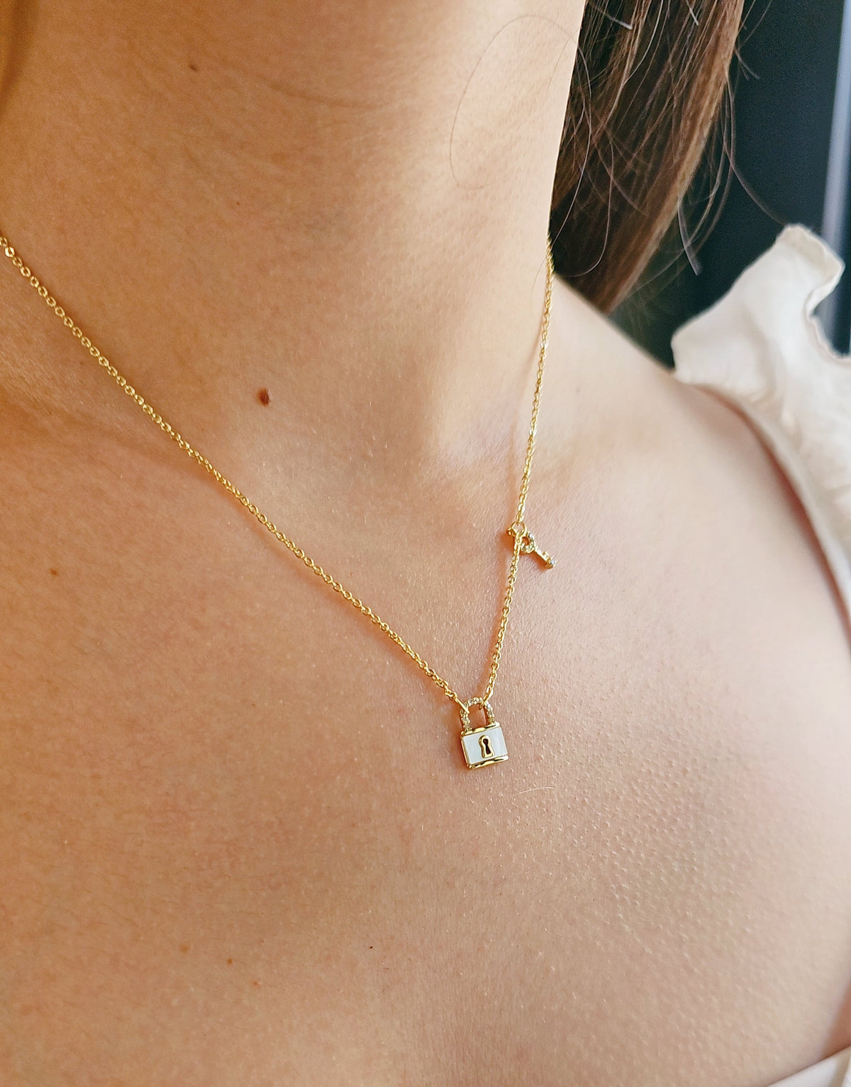 Gold Mother of Pearl Lock Pendant with Key - view 5