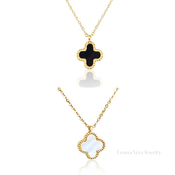 Gold Mother of Pearl, Black Clover Necklace