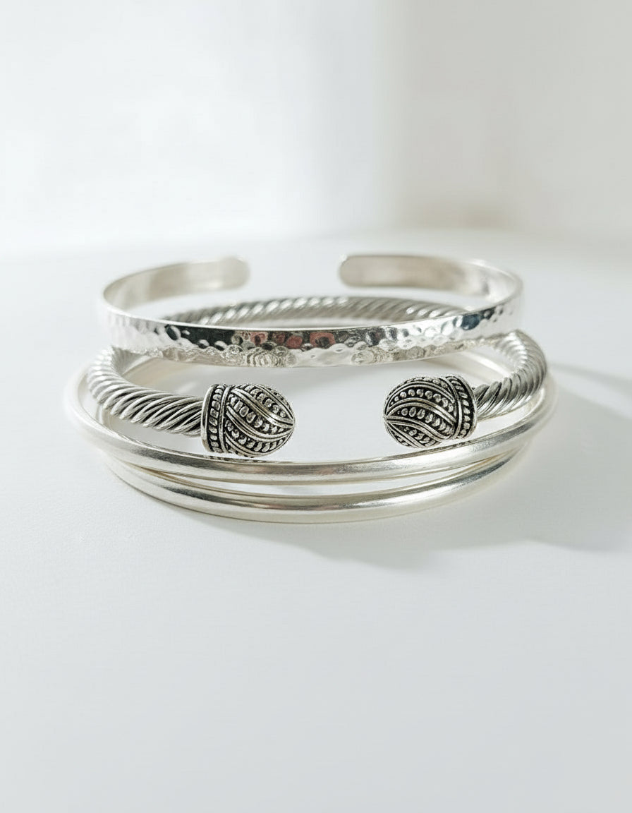 Double Dome Silver Cable Bangle Bracelet - view 3