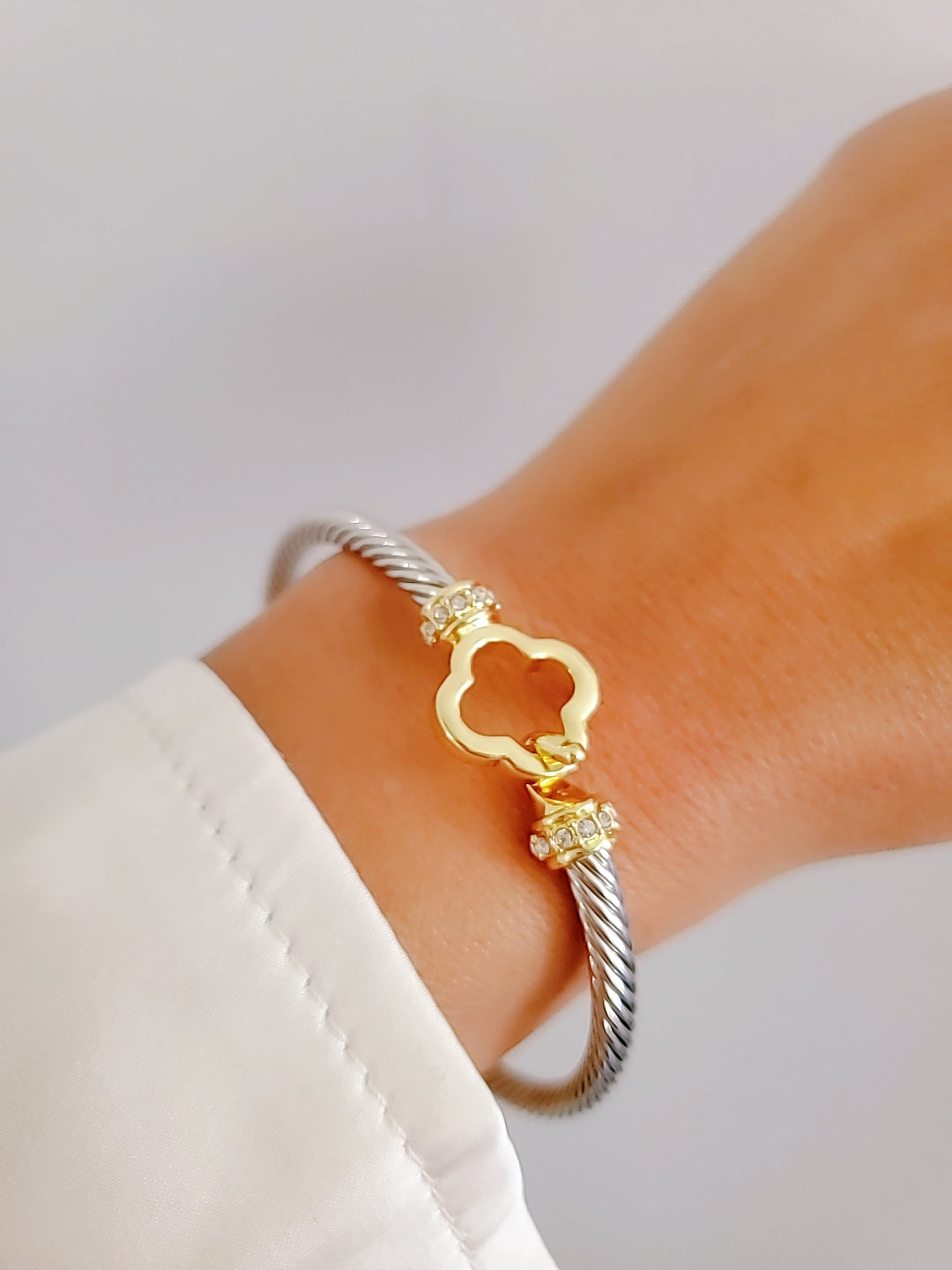 Silver Gold Flower Bangle Bracelet - view 4