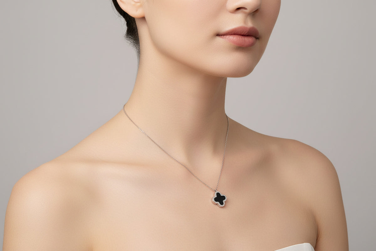 Silver Mother of Pearl, Black Clover Necklace - view 2