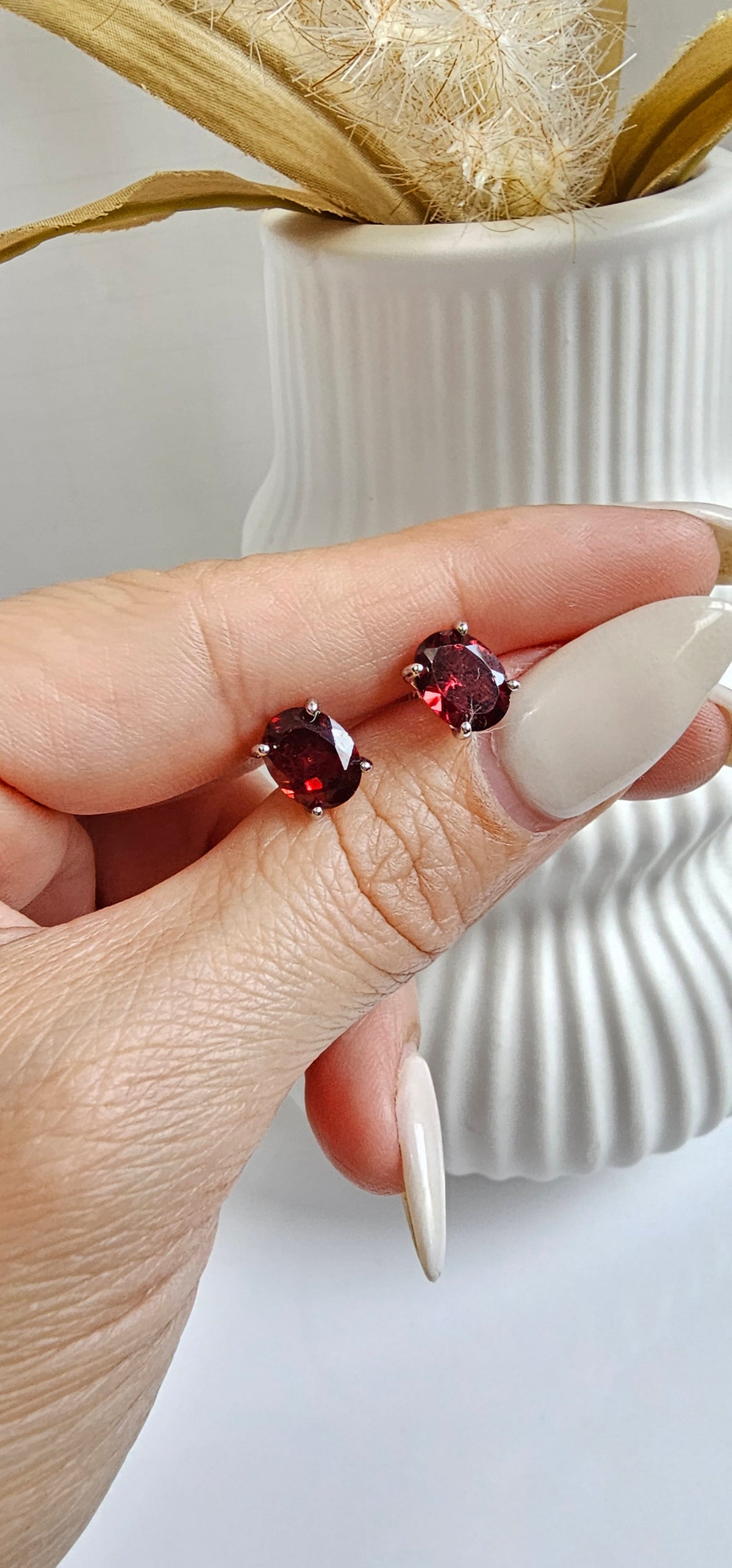 Sterling Silver Genuine Red Garnet Stud Earrings - view 5