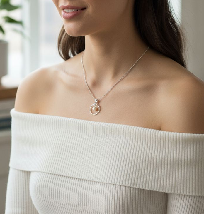 Solitaire Halo Pearl Sterling Silver Necklace