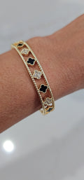 Gold Black & Mother of Pearl Flower Bangle Bracelet - view 3