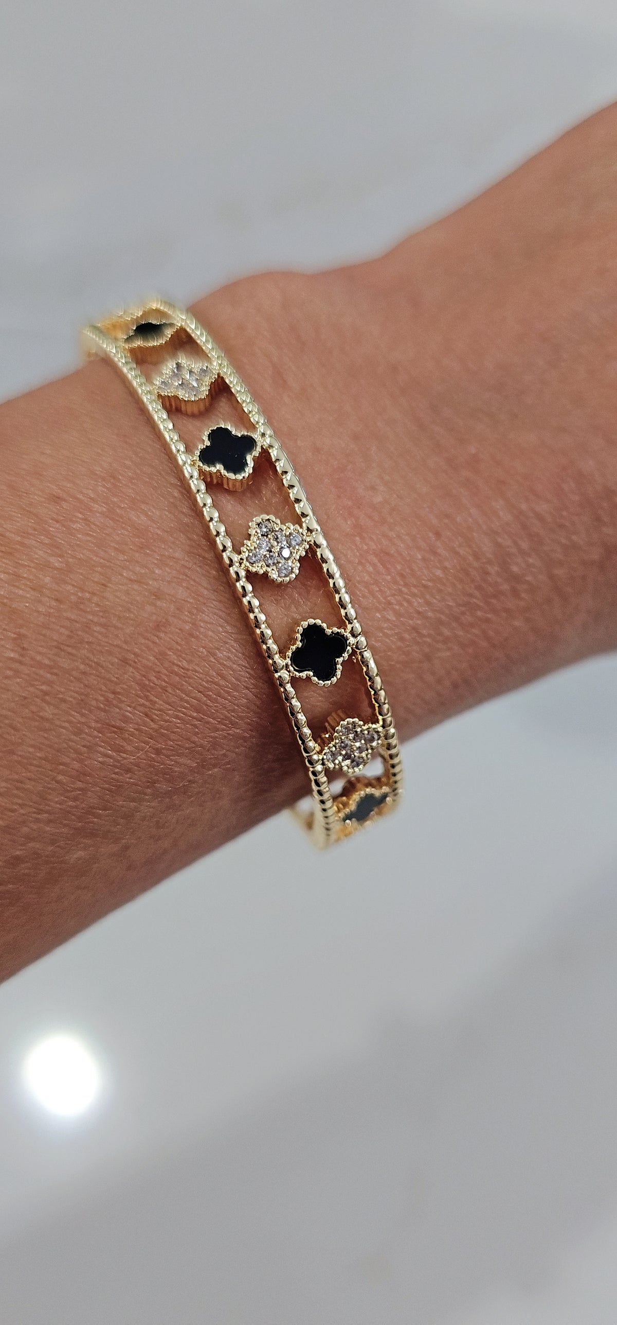 Gold Black & Mother of Pearl Flower Bangle Bracelet - view 3