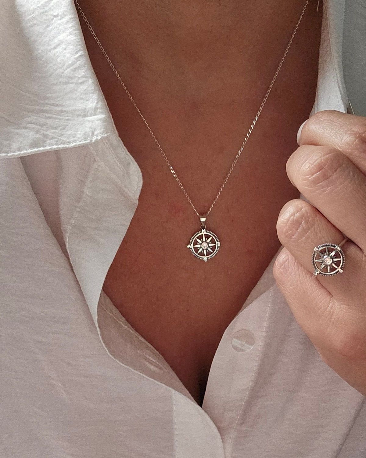 Sterling Silver Nautical Compass Pendant with Chain - view 2