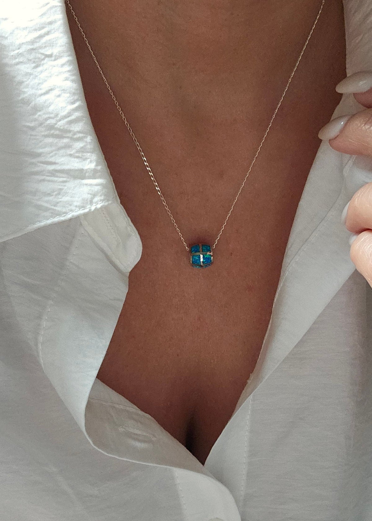 Sterling Silver Opal Bead Pendant Necklace - view 5