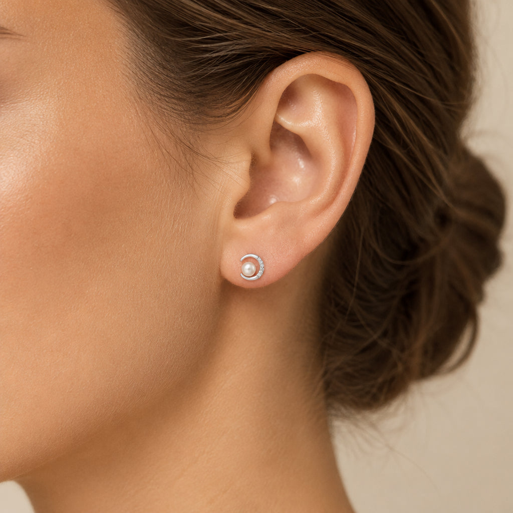 Sterling Silver 925 Pearl Moon Stud Earrings