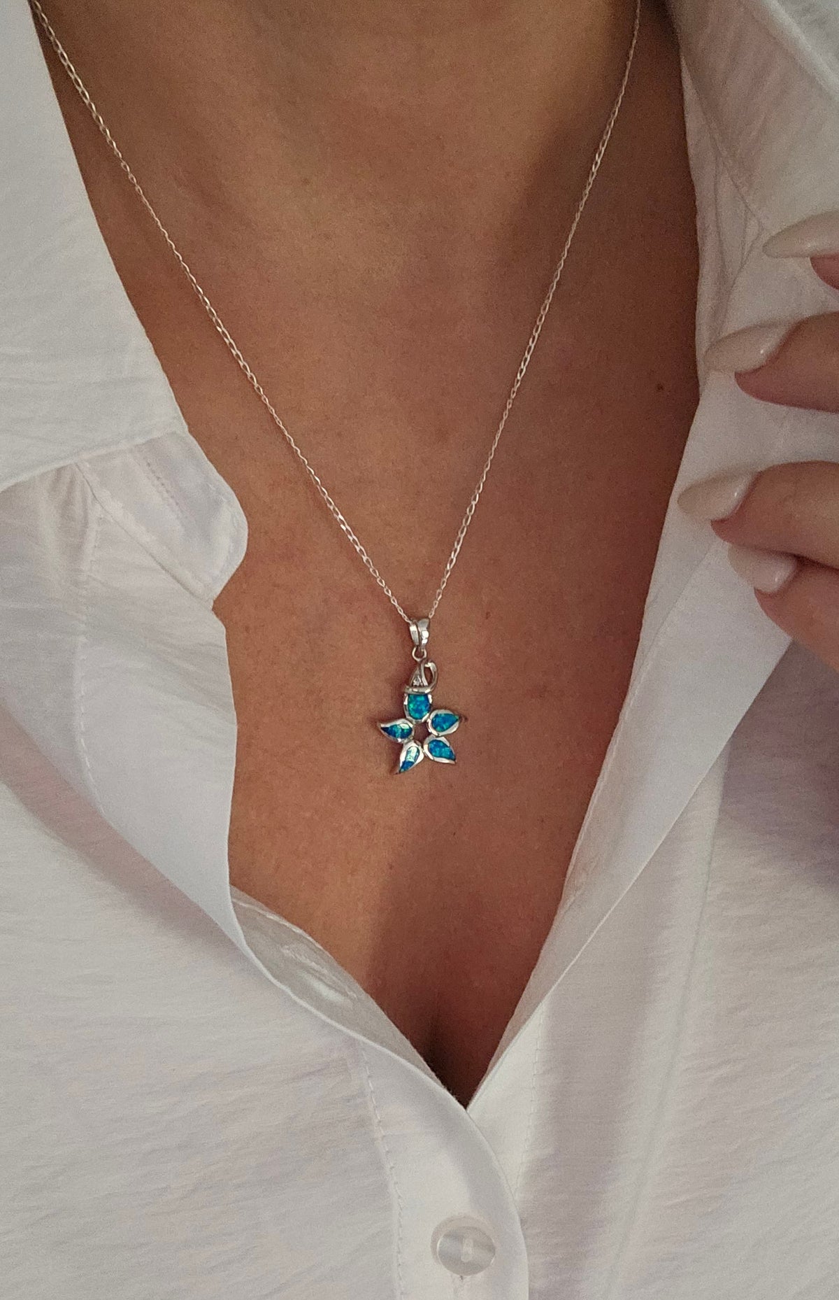 Sterling Silver Blue Opal Sea Star Pendant Necklace - view 8