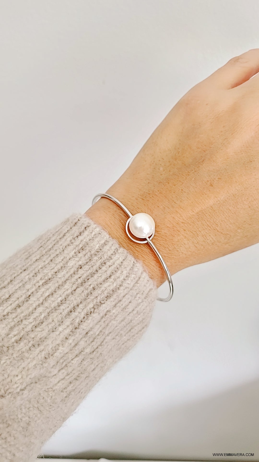 Sterling Silver Floating Pearl Bangle Bracelet - view 9