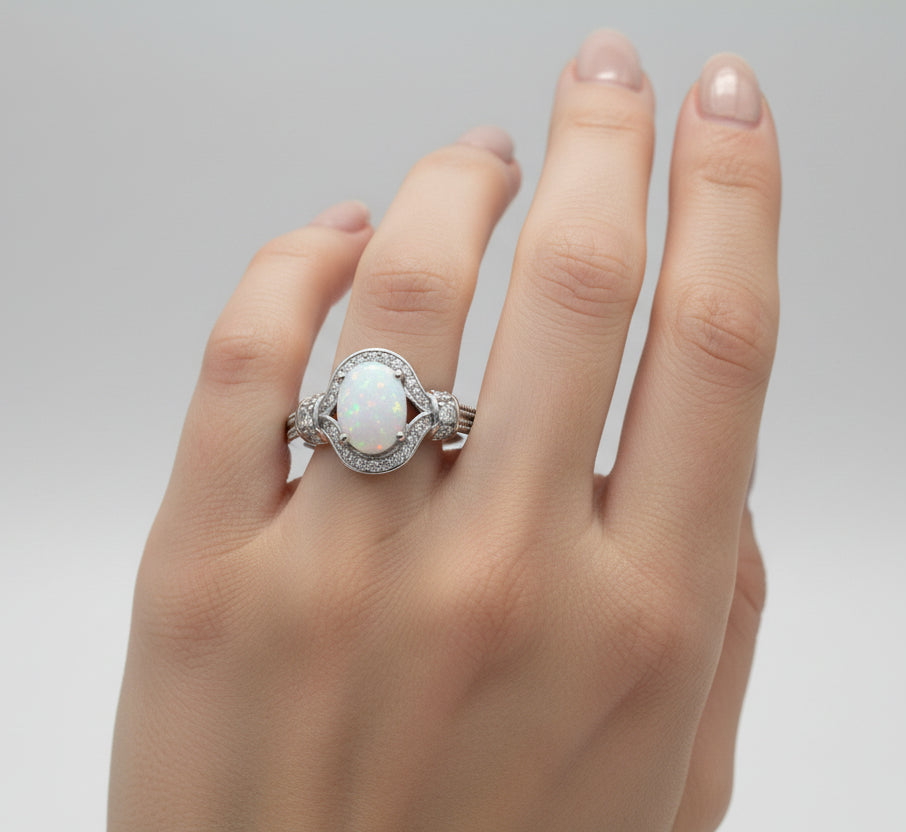 Sterling Silver 925 Halo White Opal Ring - view 2