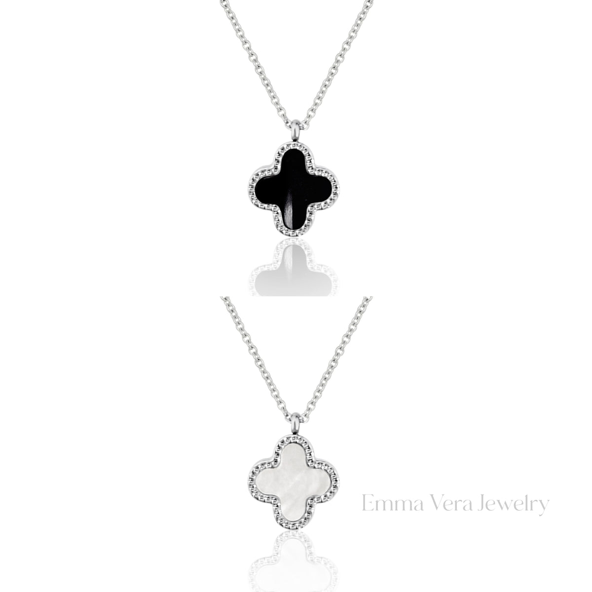 Silver Mother of Pearl, Black Clover Necklace - view 3