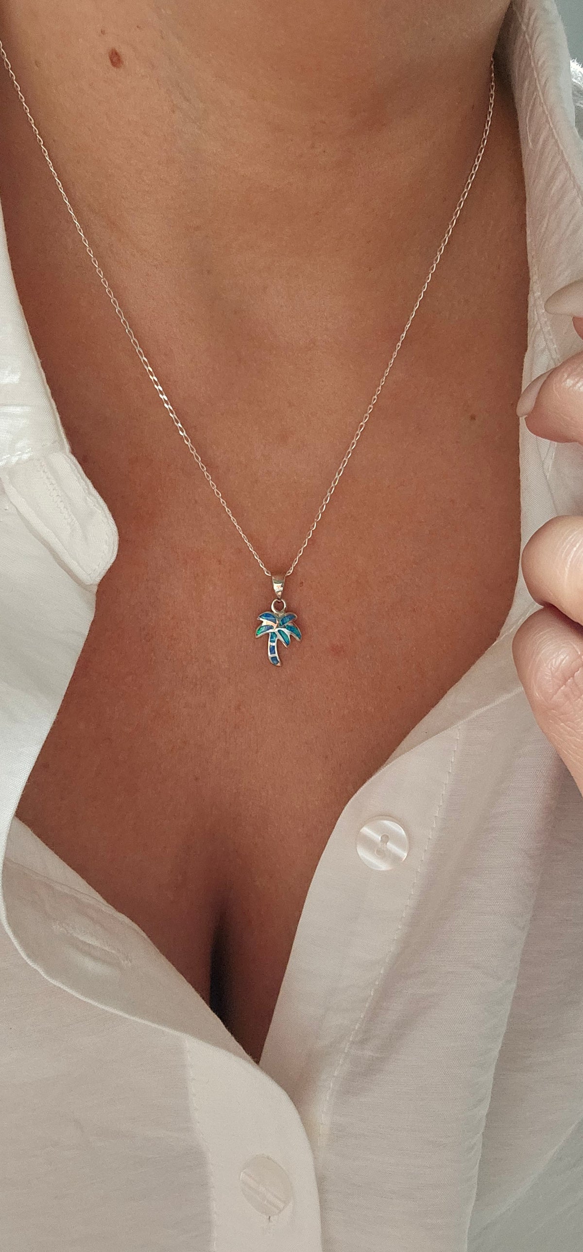Sterling Silver Palm Tree Blue Blue Opal Pendant Necklace - view 6