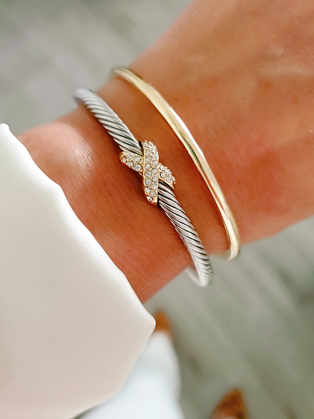Silver Gold Cable Bangle Bracelet - view 2