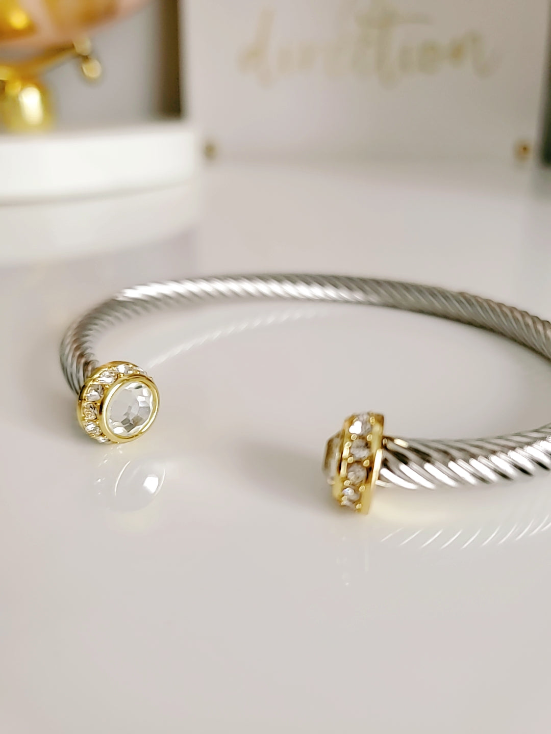 Dome Silver Cable Bangle with Simulated Diamonds
