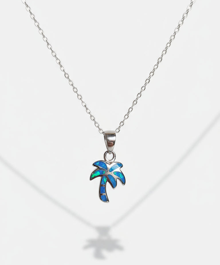 Sterling Silver Palm Tree Blue Blue Opal Pendant Necklace