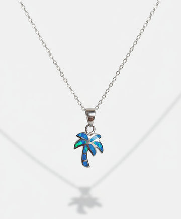 Sterling Silver Palm Tree Blue Blue Opal Pendant Necklace