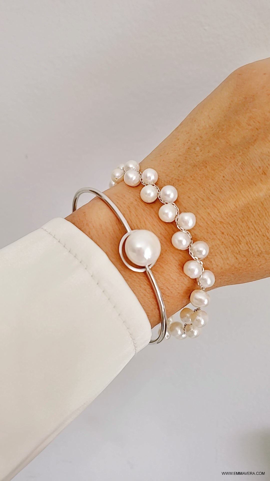 Sterling Silver Floating Pearl Bangle Bracelet - view 3