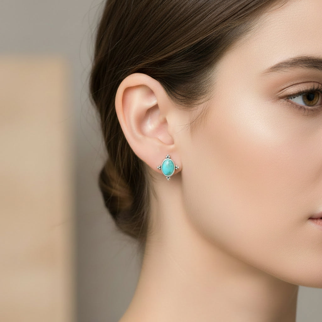 Sterling Silver 925 Dainty Turquoise Stud Earrings - view 2