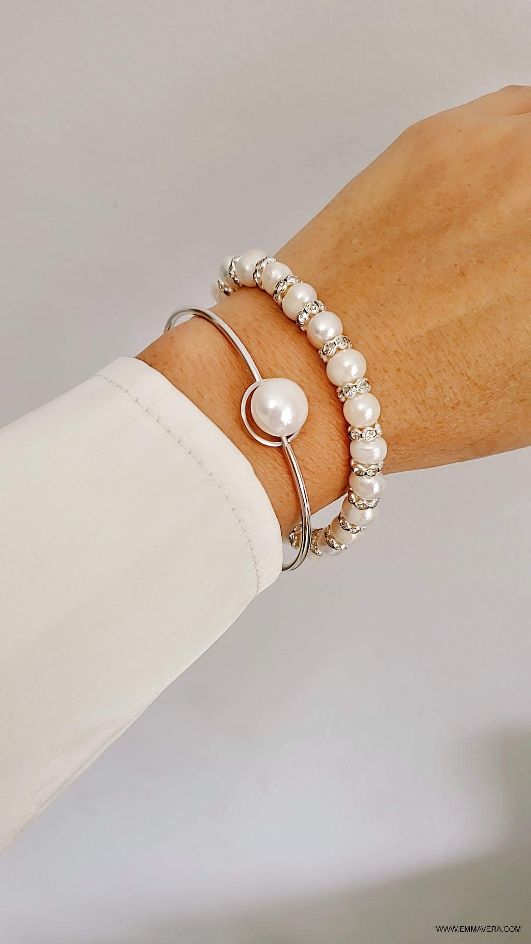 Sterling Silver Floating Pearl Bangle Bracelet - view 10