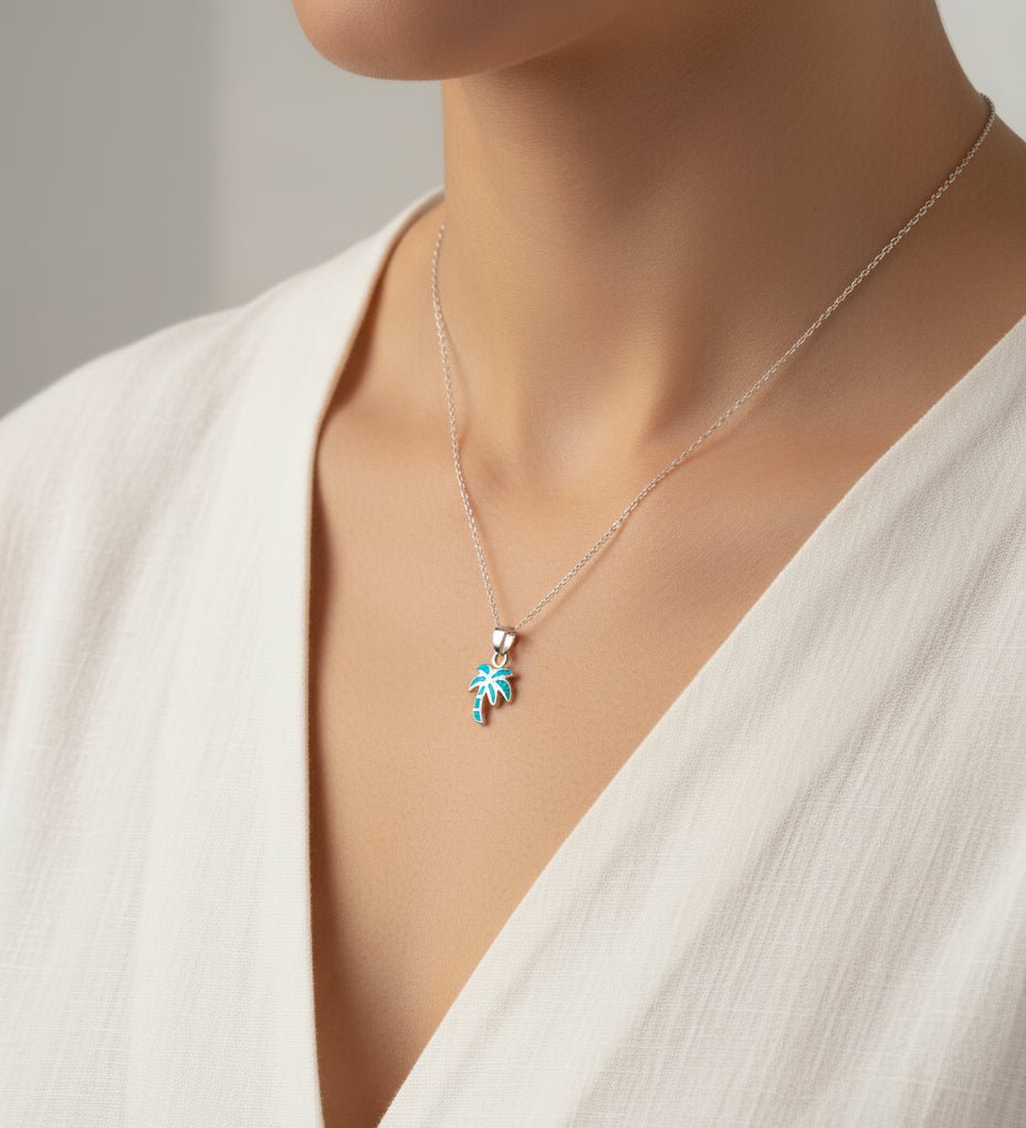 Sterling Silver Palm Tree Blue Blue Opal Pendant Necklace - view 9