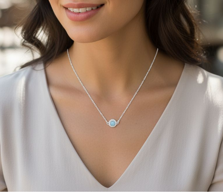 Sterling Silver Larimar Halo Pendant Necklace