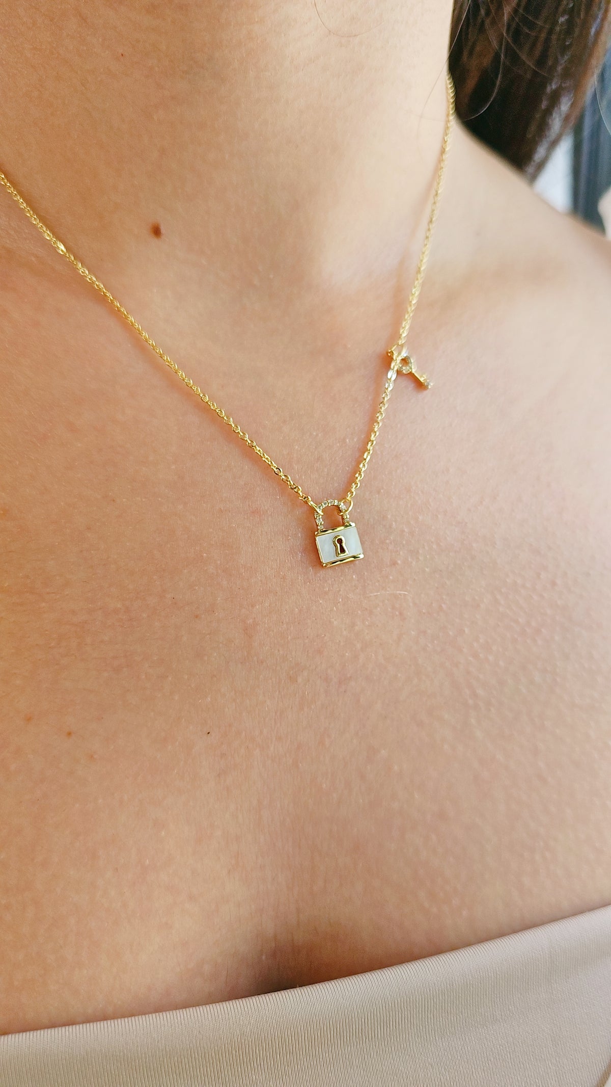 Gold Mother of Pearl Lock Pendant with Key - view 3