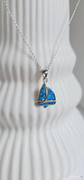 Sterling Silver Sailboat Blue Lab Opal Necklace - view 6