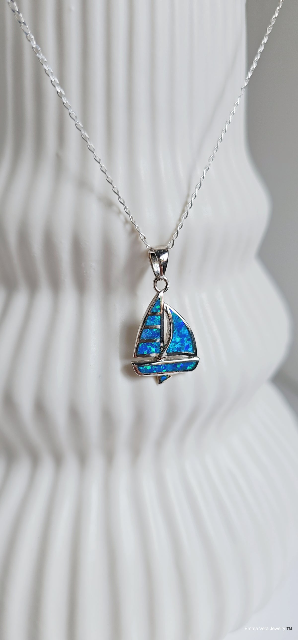 Sterling Silver Sailboat Blue Lab Opal Necklace - view 6