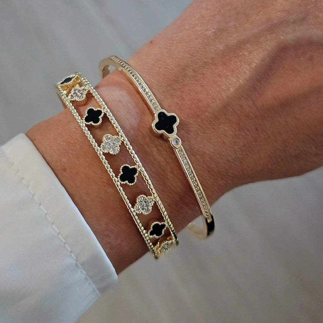 Gold Black & Mother of Pearl Flower Bangle Bracelet - view 2