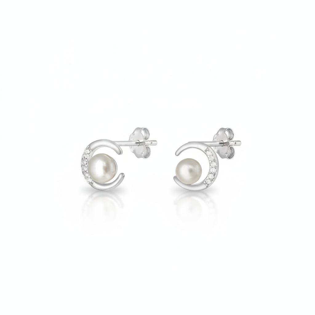 Sterling Silver 925 Pearl Moon Stud Earrings